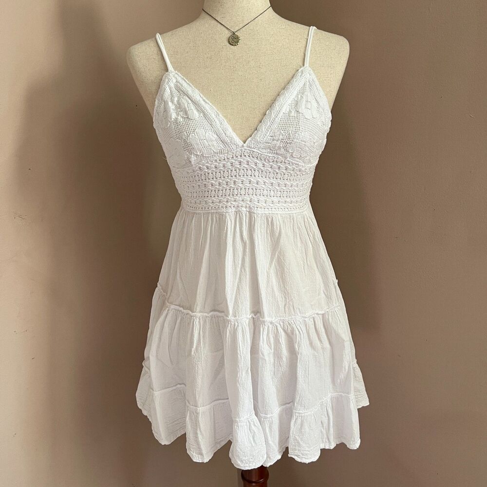 Blanco by Nature White Crochet Open Back Tiered Mini Dress Vacation Summer S